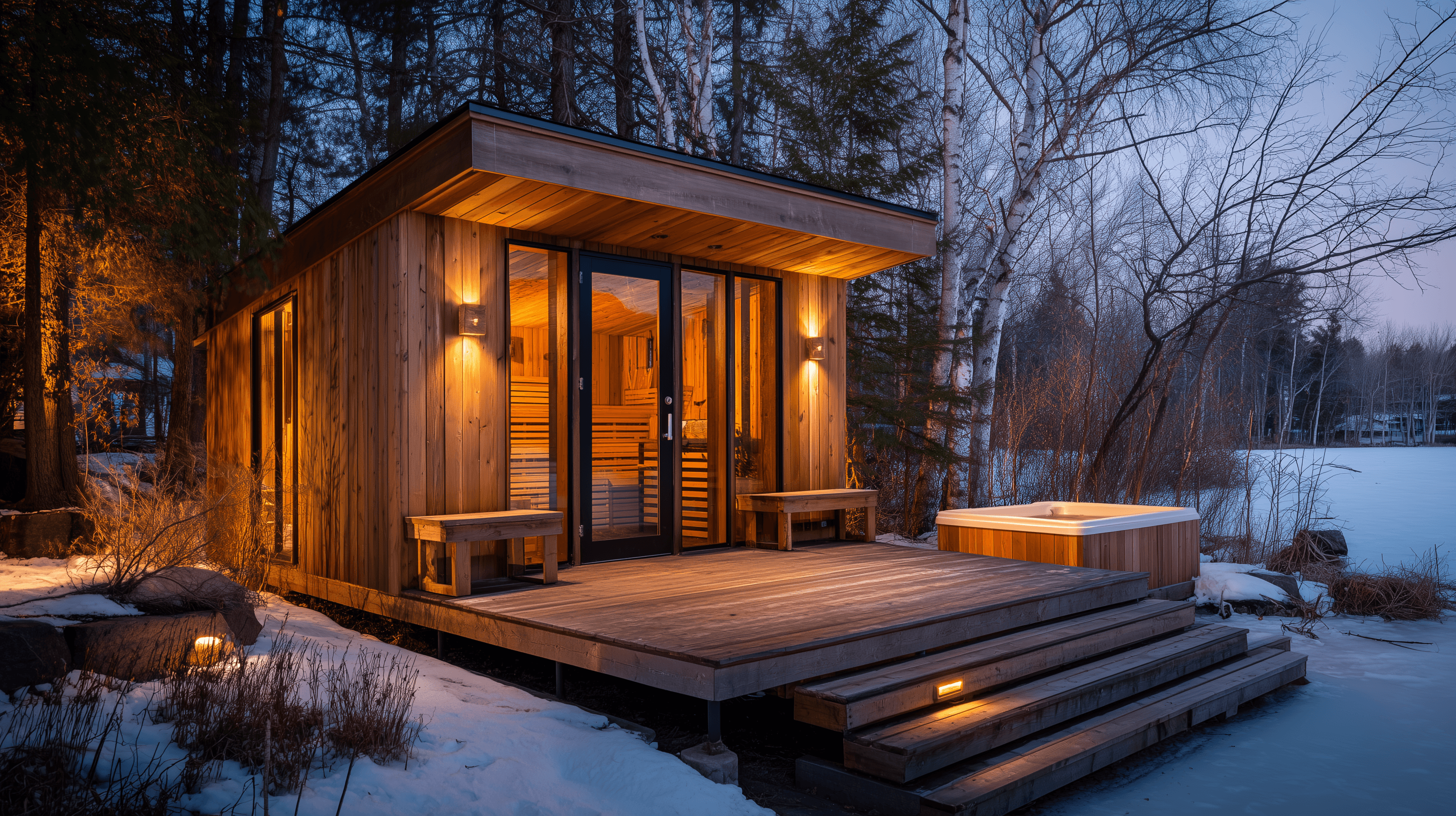 A family-sized outdoor cedar sauna in a Minnesota lakefront setting