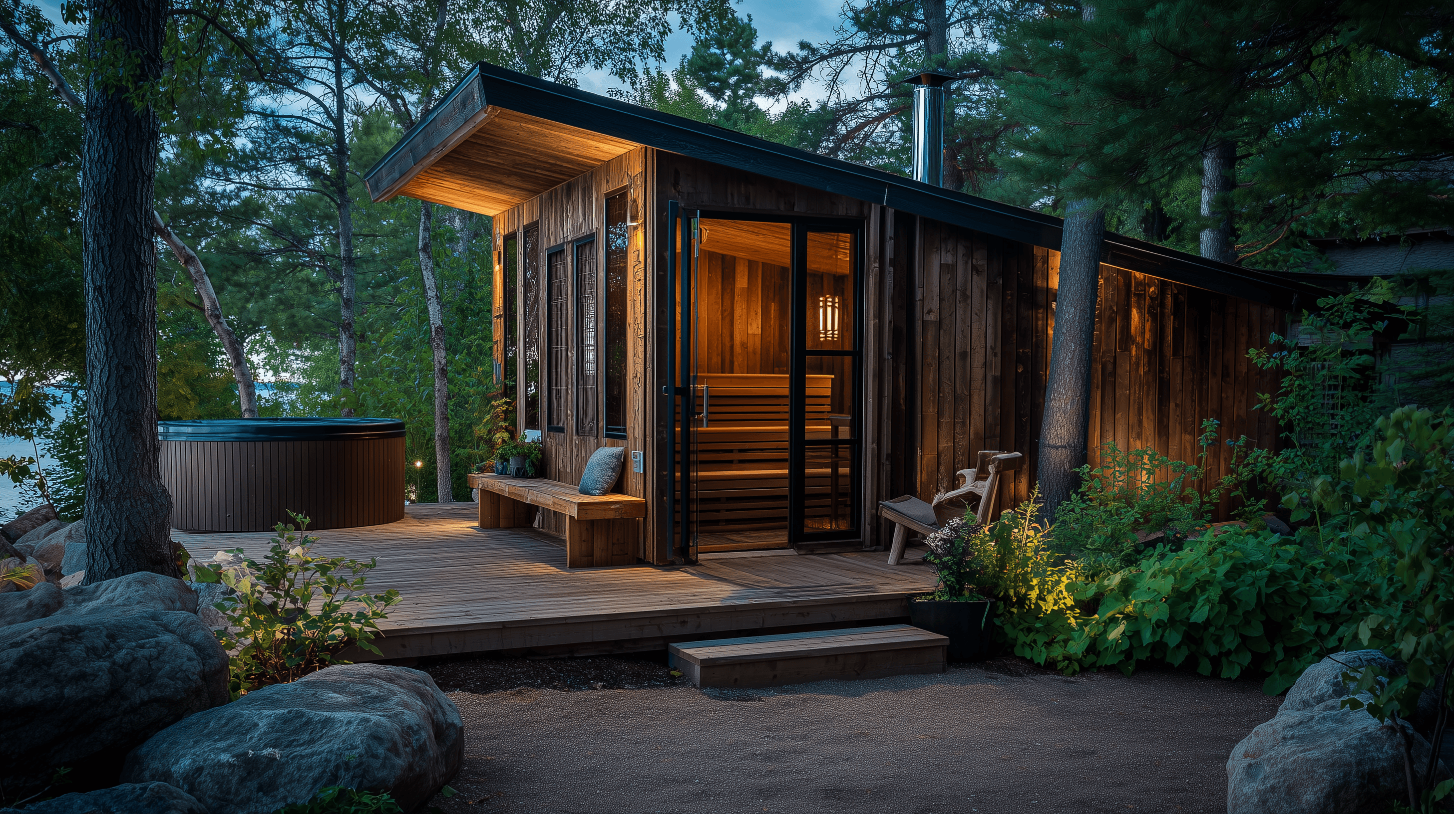 A compact outdoor cedar barrel sauna in a Minnesota forest setting